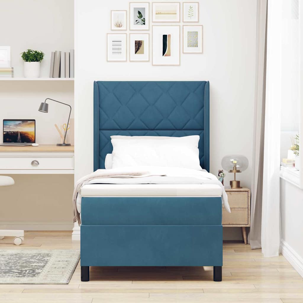 Box spring seng med madras med LED Blå 90 x 190 cm Fløjl
