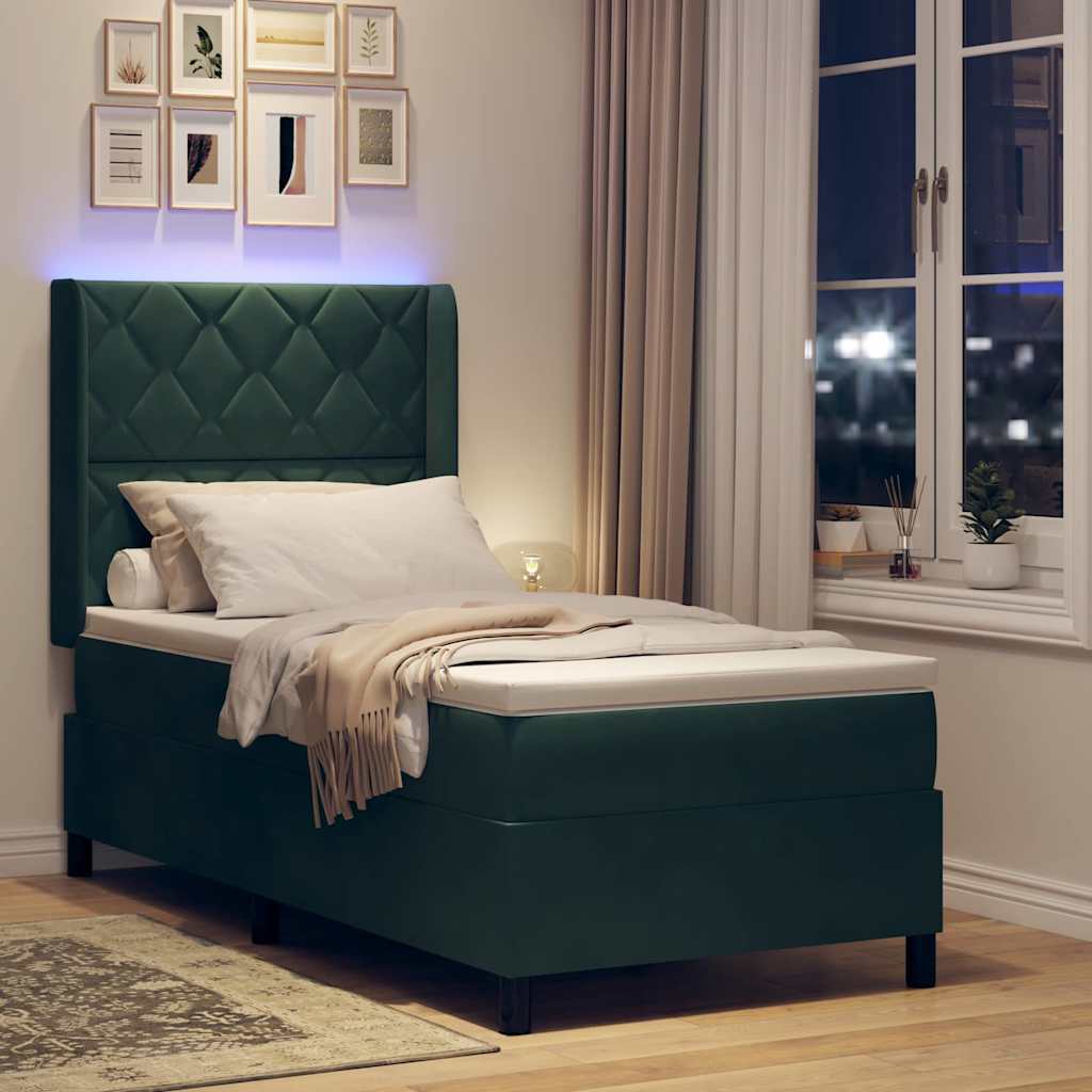 Box spring seng med LED-lysstrimler Mørkegrøn 90 x 200 cm Fløjl