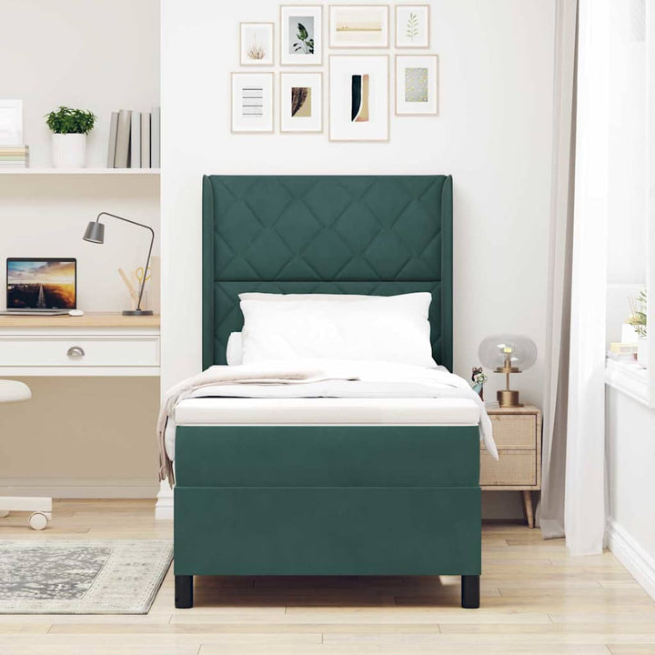 Box spring seng med LED-lysstrimler Mørkegrøn 90 x 200 cm Fløjl
