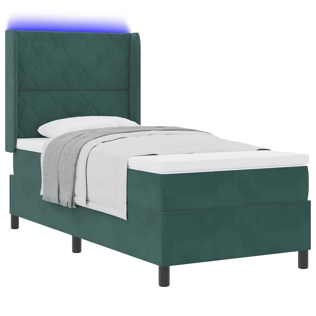 Box spring seng med LED-lysstrimler Mørkegrøn 90 x 200 cm Fløjl