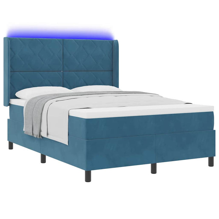 Box spring seng med LED-lysstrimler Blå 140 x 190 cm Fløjl