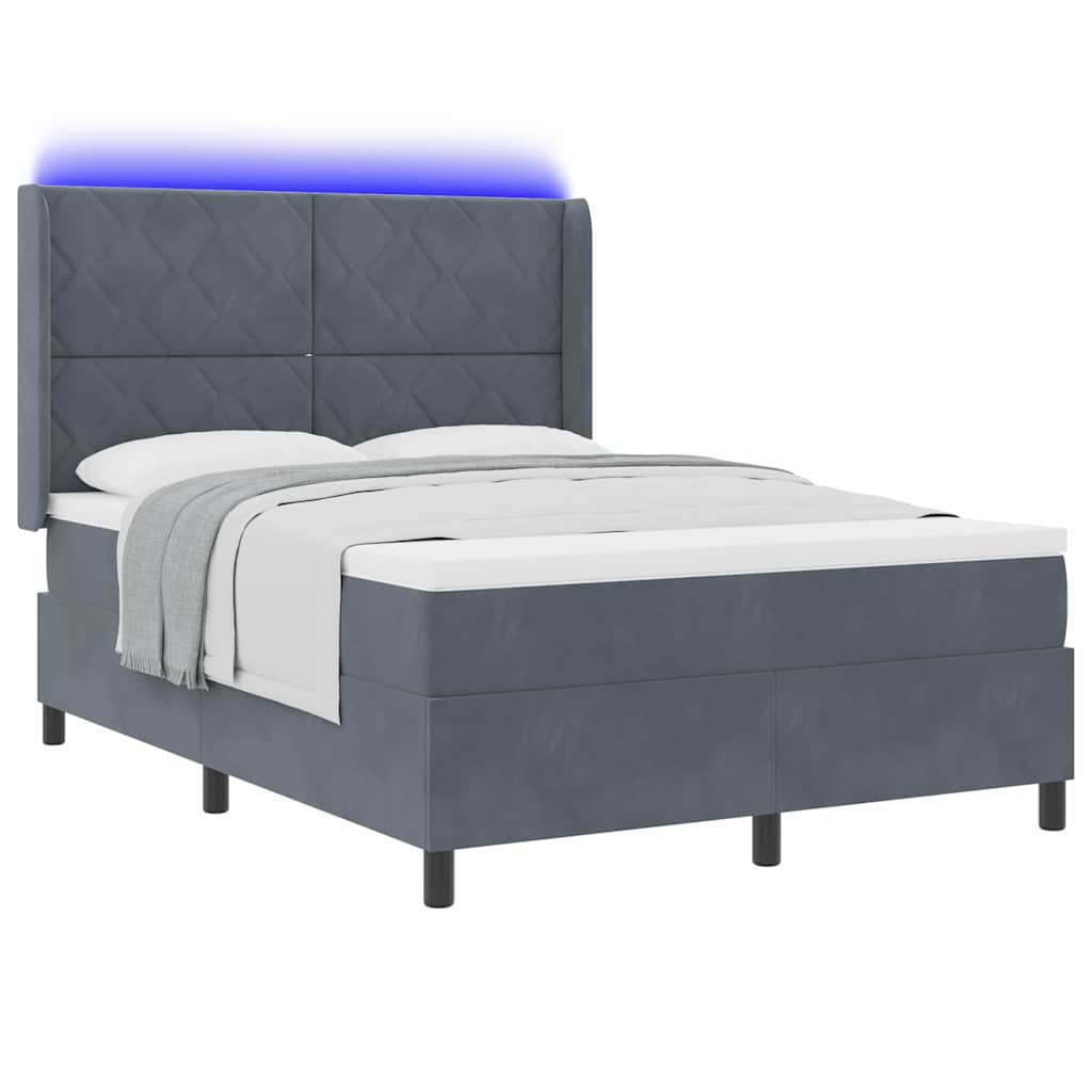 Box spring seng med LED-lysstrimler Mørkegrå 140 x 200 cm Fløjl