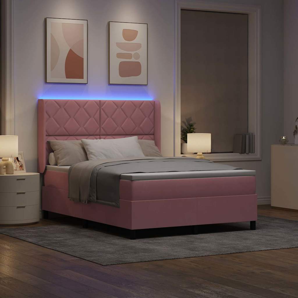 Box spring seng med LED-lysstrimler Lyserød 140 x 200 cm Fløjl