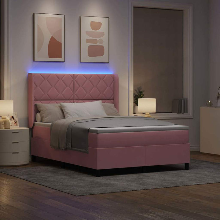 Box spring seng med LED-lysstrimler Lyserød 140 x 200 cm Fløjl