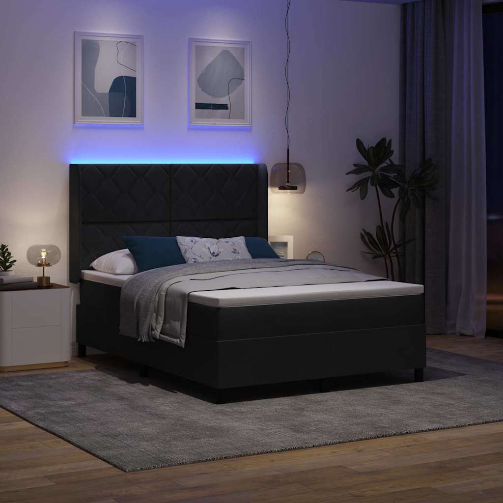 Box spring seng med LED-lysstrimler Sort 160 x 200 cm Fløjl