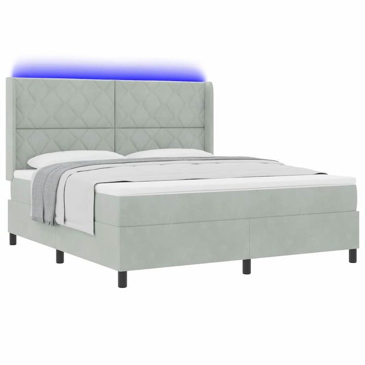 Box spring seng med madras med LED Lysegrå 180 x 200 cm Fløjl