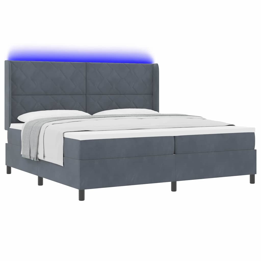 Box spring seng med LED-lysstrimler Mørkegrå 200 x 200 cm Fløjl