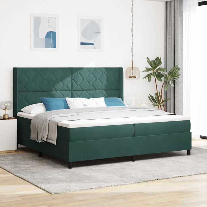 Box spring seng med hovedgærde Mørkegrøn 200 x 200 cm Fløjl