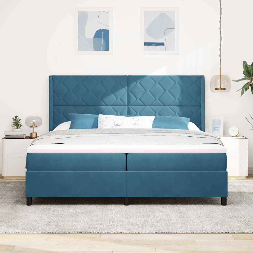 Box spring seng med LED-lysstrimler Blå 200 x 200 cm Fløjl