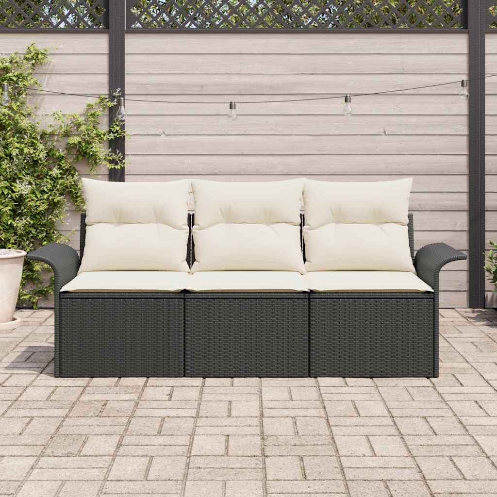 Havesofa Sæt med pude med opbevaring 3 pcs Sort Poly rattan