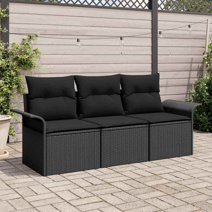 Havesofa Sæt med pude med opbevaring 3 pcs Sort Poly rattan