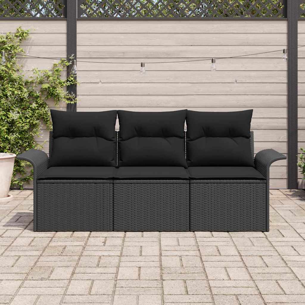 Havesofa Sæt med pude med opbevaring 3 pcs Sort Poly rattan