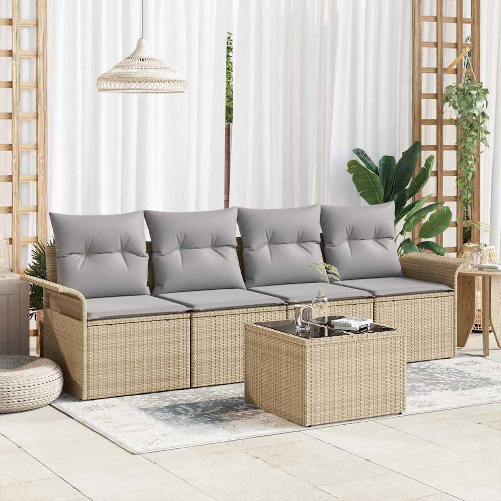 Havesofa Sæt med pude 5 pcs Beige og grå polyrattan