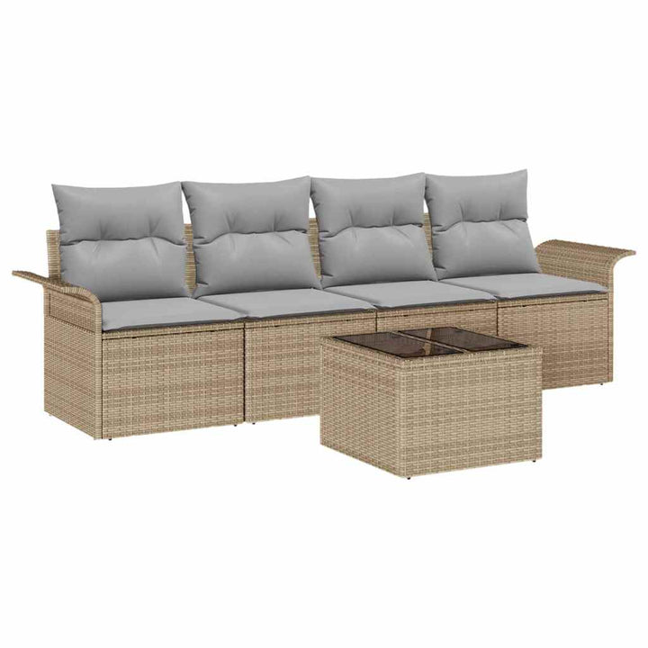 Havesofa Sæt med pude 5 pcs Beige og grå polyrattan