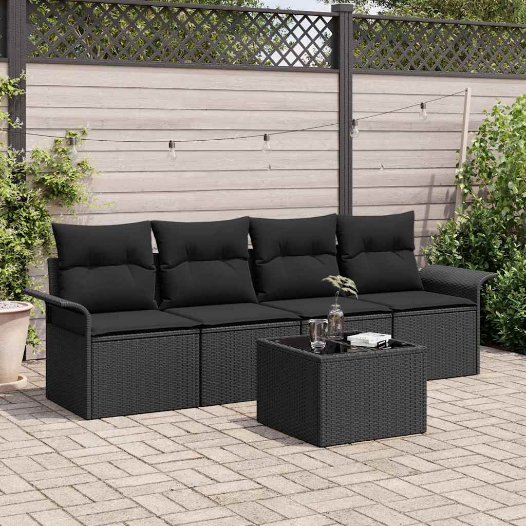 Havesofa Sæt med pude med opbevaring 5 pcs Sort polyrattan