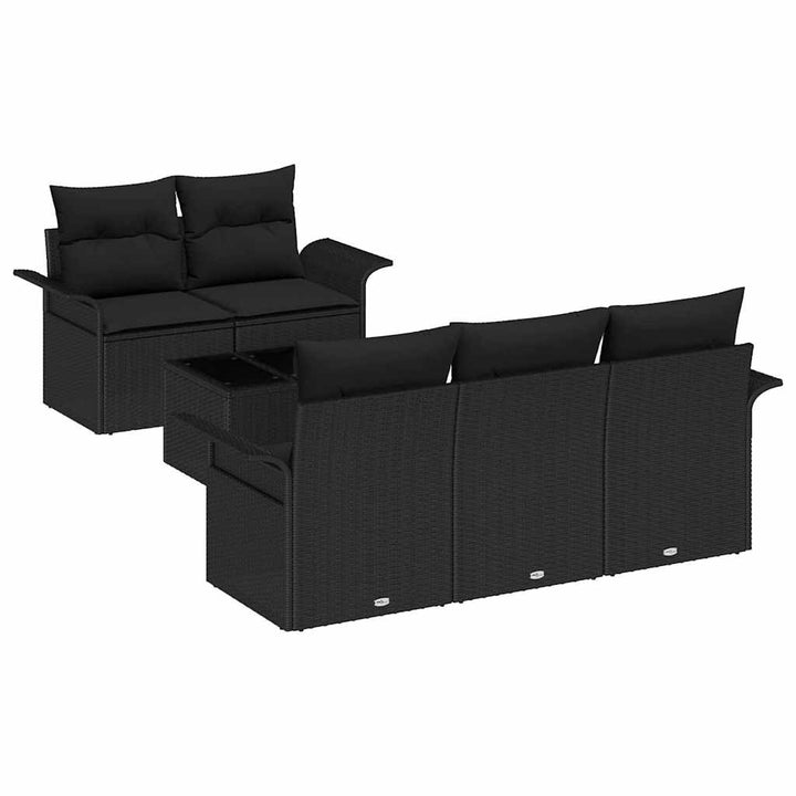 Havesofa Sæt med pude 6 pcs Sort Polyrattan og stål og glas