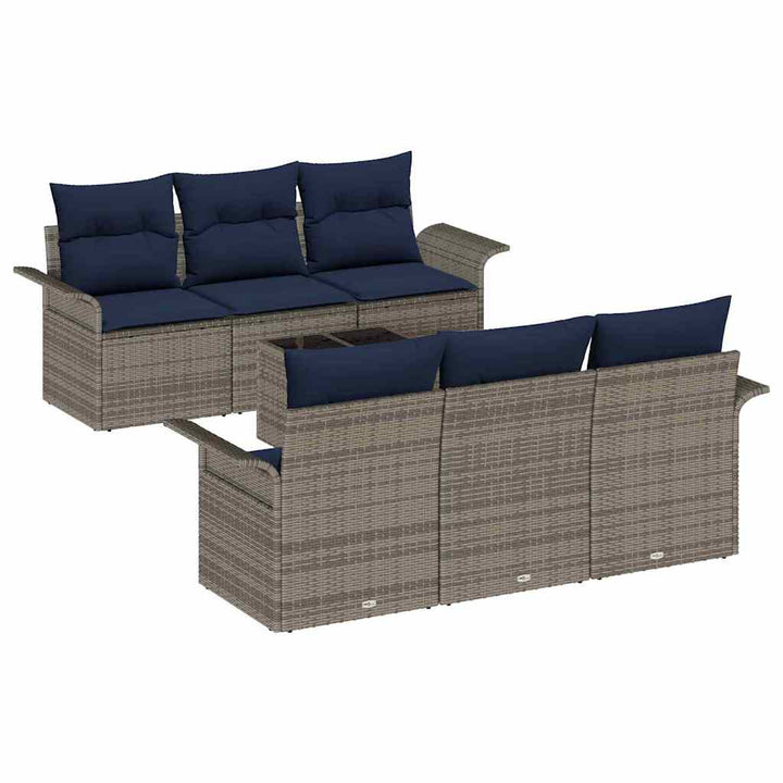 Havesofa Sæt 7 pcs Grå og Marineblå Polyrattan og stål og glas