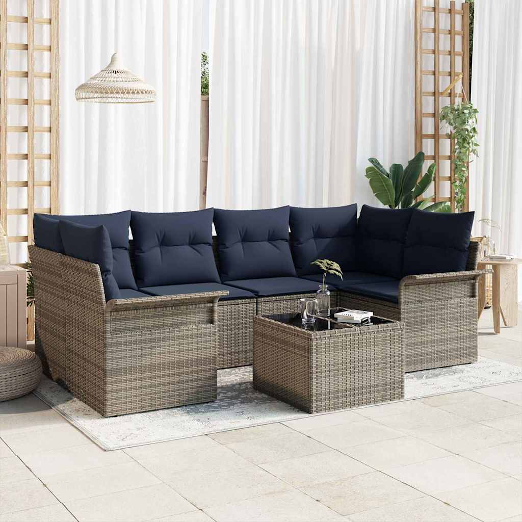 Havesofa Sæt med pude 7 pcs Grå og Marineblå polyrattan
