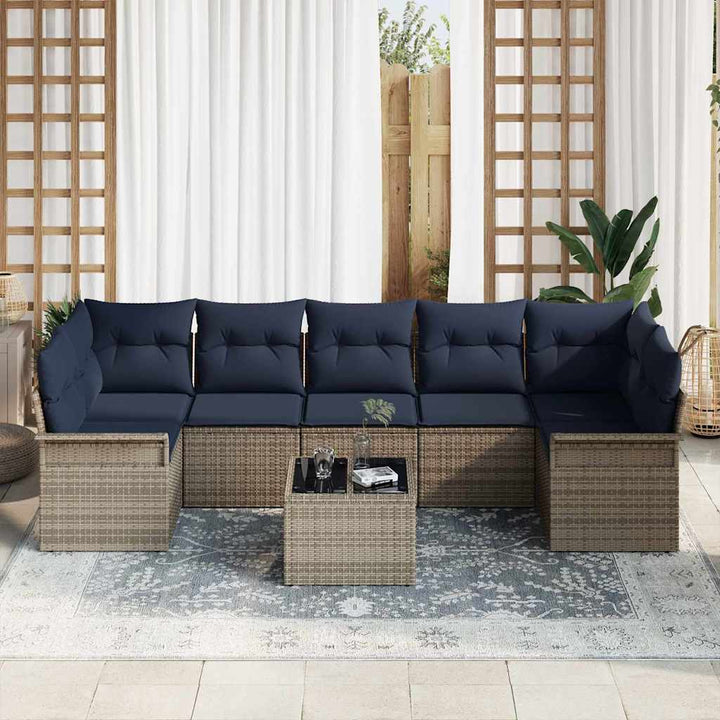 Havesofa Sæt med pude 8 pcs Grå og Marineblå polyrattan