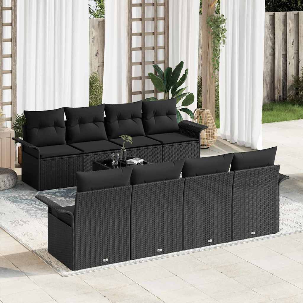 Havesofa Sæt med pude med opbevaring 9 pcs Sort polyrattan