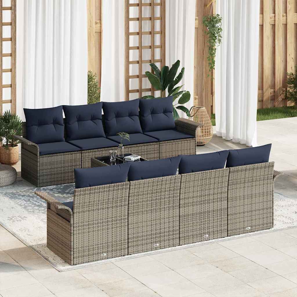 Havesofa Sæt med pude 9 pcs Grå og Marineblå polyrattan