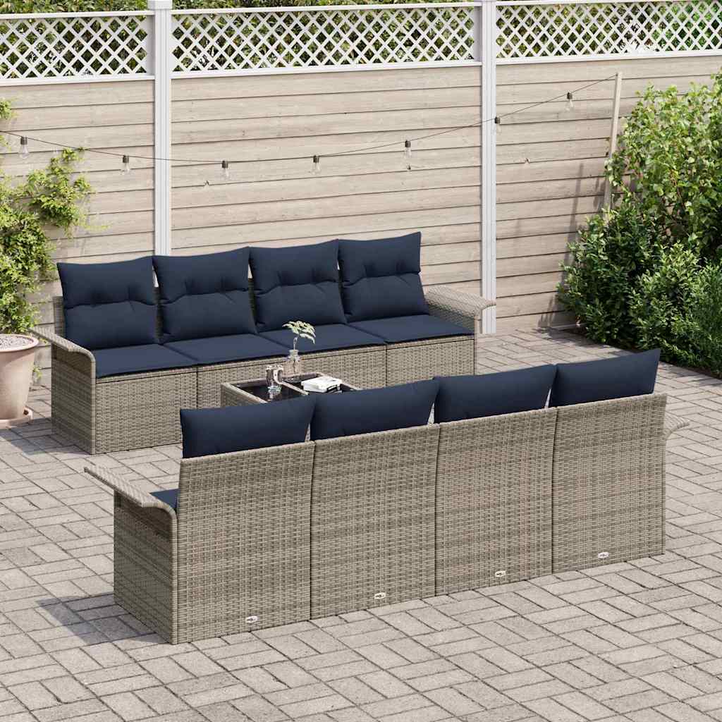 Havesofa Sæt med pude 9 pcs Grå og Marineblå polyrattan