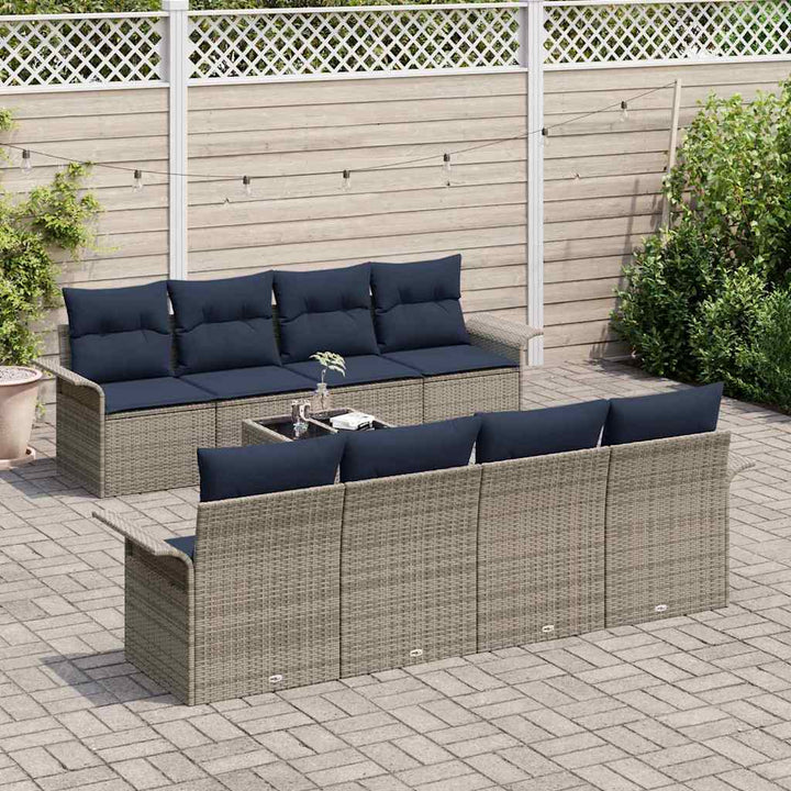 Havesofa Sæt med pude 9 pcs Grå og Marineblå polyrattan
