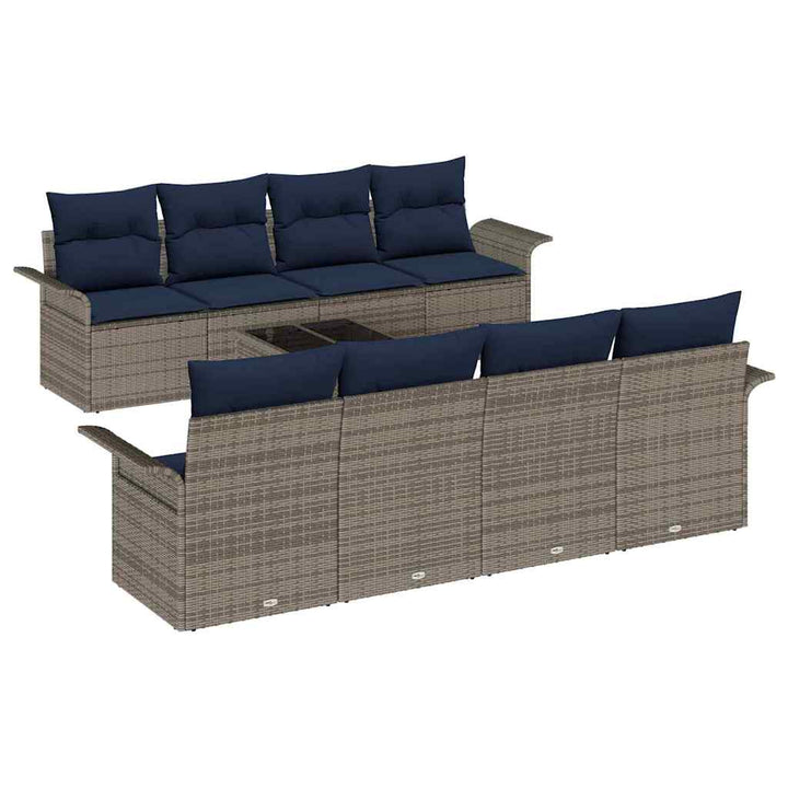 Havesofa Sæt med pude 9 pcs Grå og Marineblå polyrattan