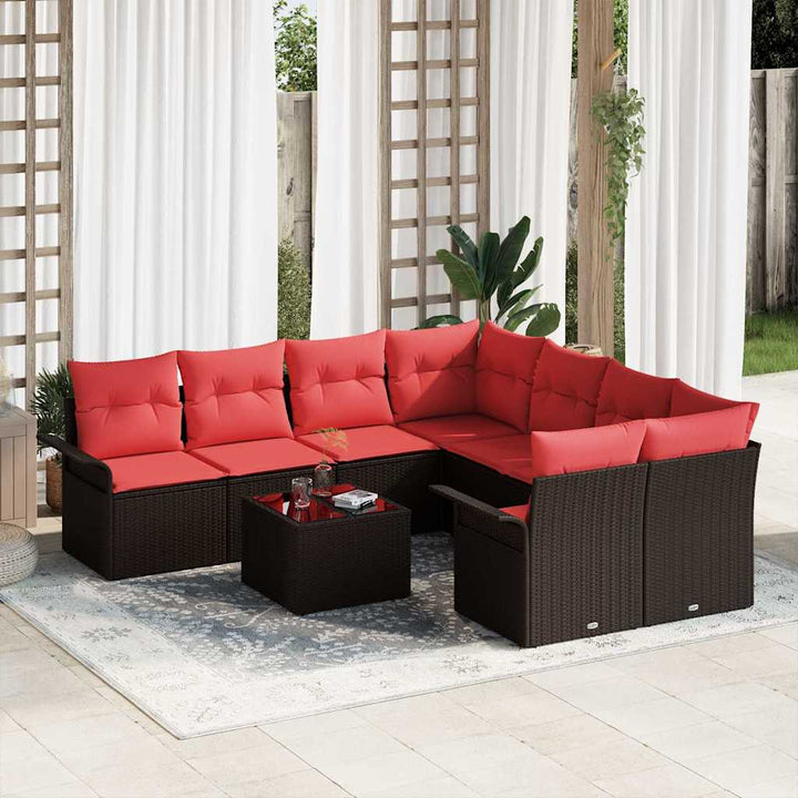 Havesofa Sæt med pude 9 pcs Beige og Rød polyrattan