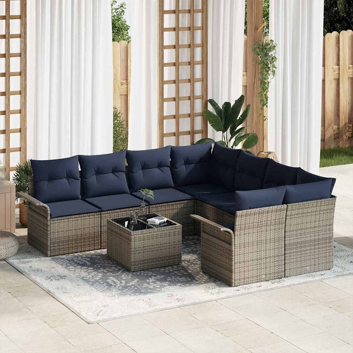 Havesofa Sæt med pude 9 pcs Grå og Marineblå polyrattan