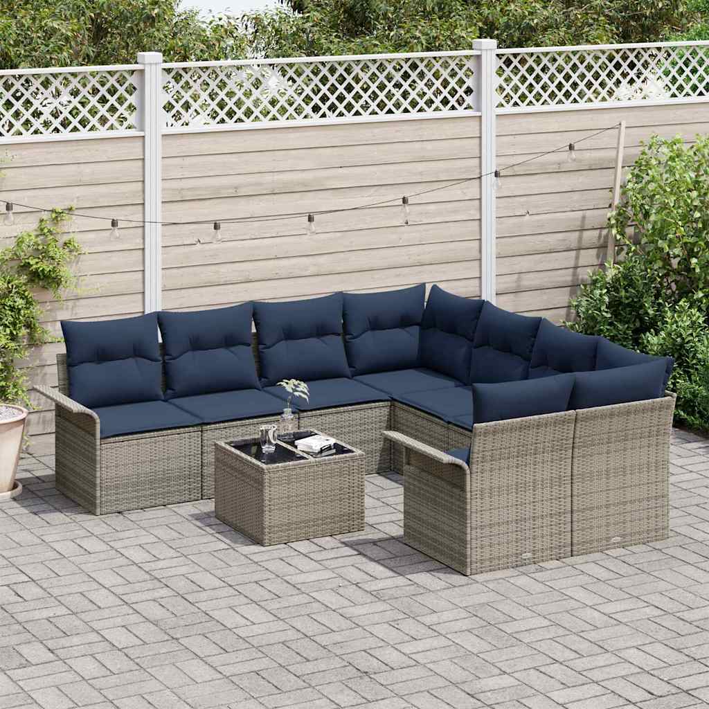 Havesofa Sæt med pude 9 pcs Grå og Marineblå polyrattan