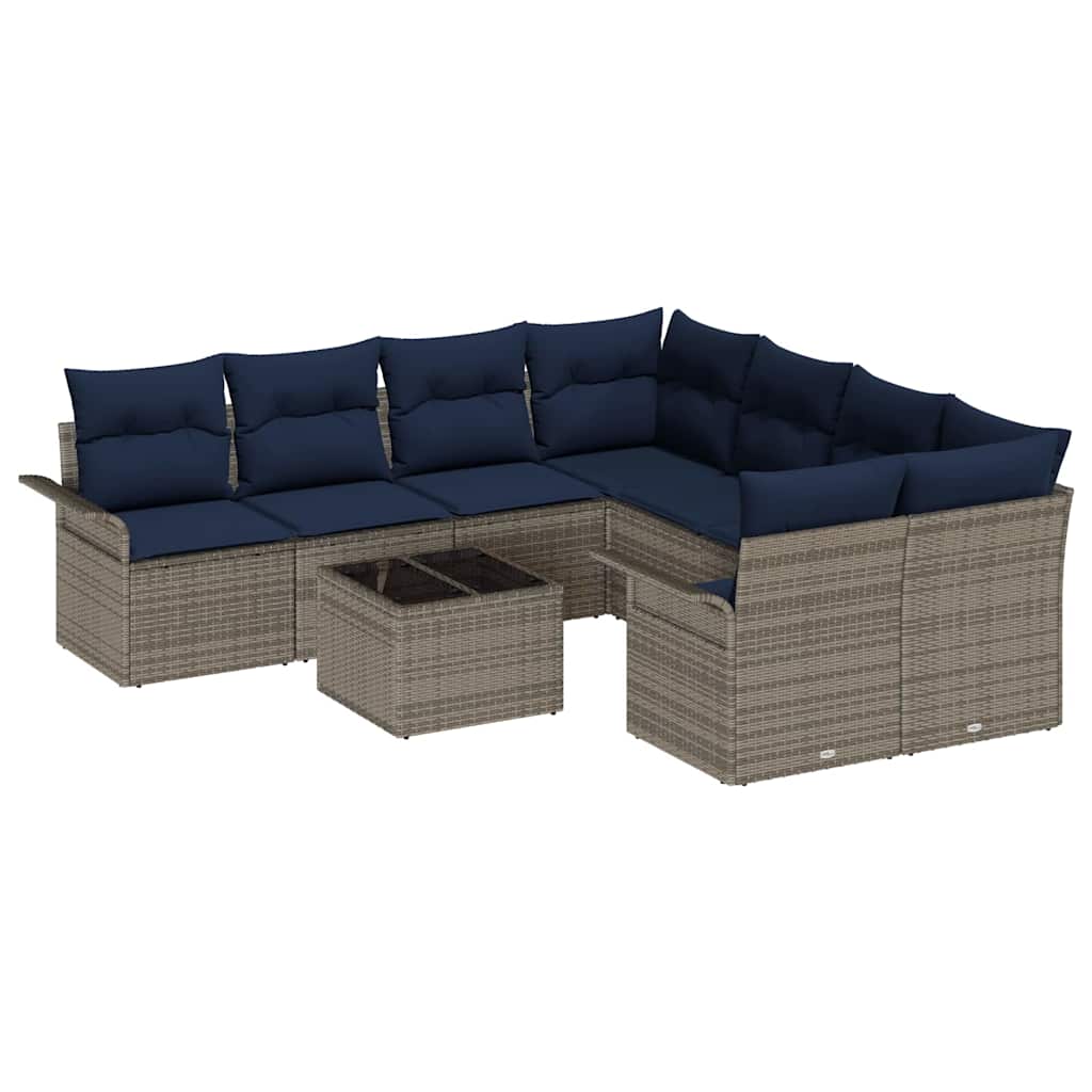 Havesofa Sæt med pude 9 pcs Grå og Marineblå polyrattan