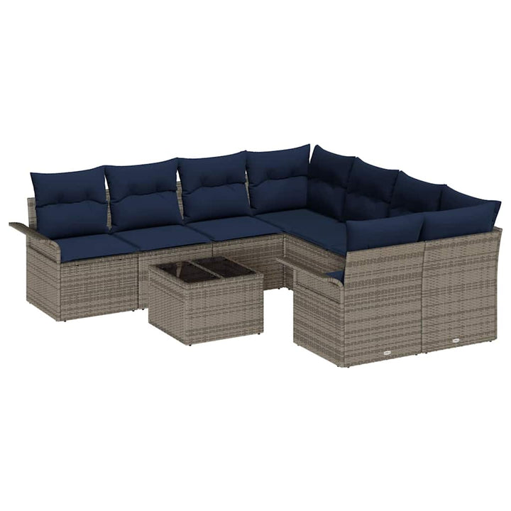 Havesofa Sæt med pude 9 pcs Grå og Marineblå polyrattan