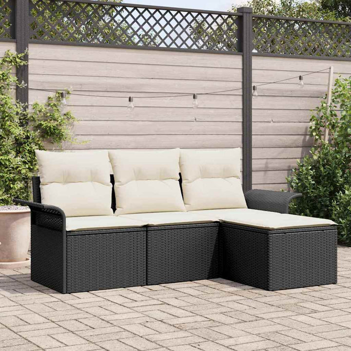 Havesofa Sæt med pude med opbevaring 4 pcs Sort Poly rattan