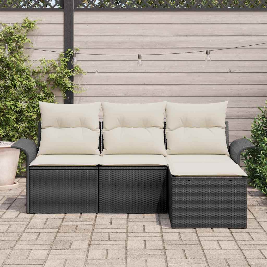 Havesofa Sæt med pude med opbevaring 4 pcs Sort Poly rattan