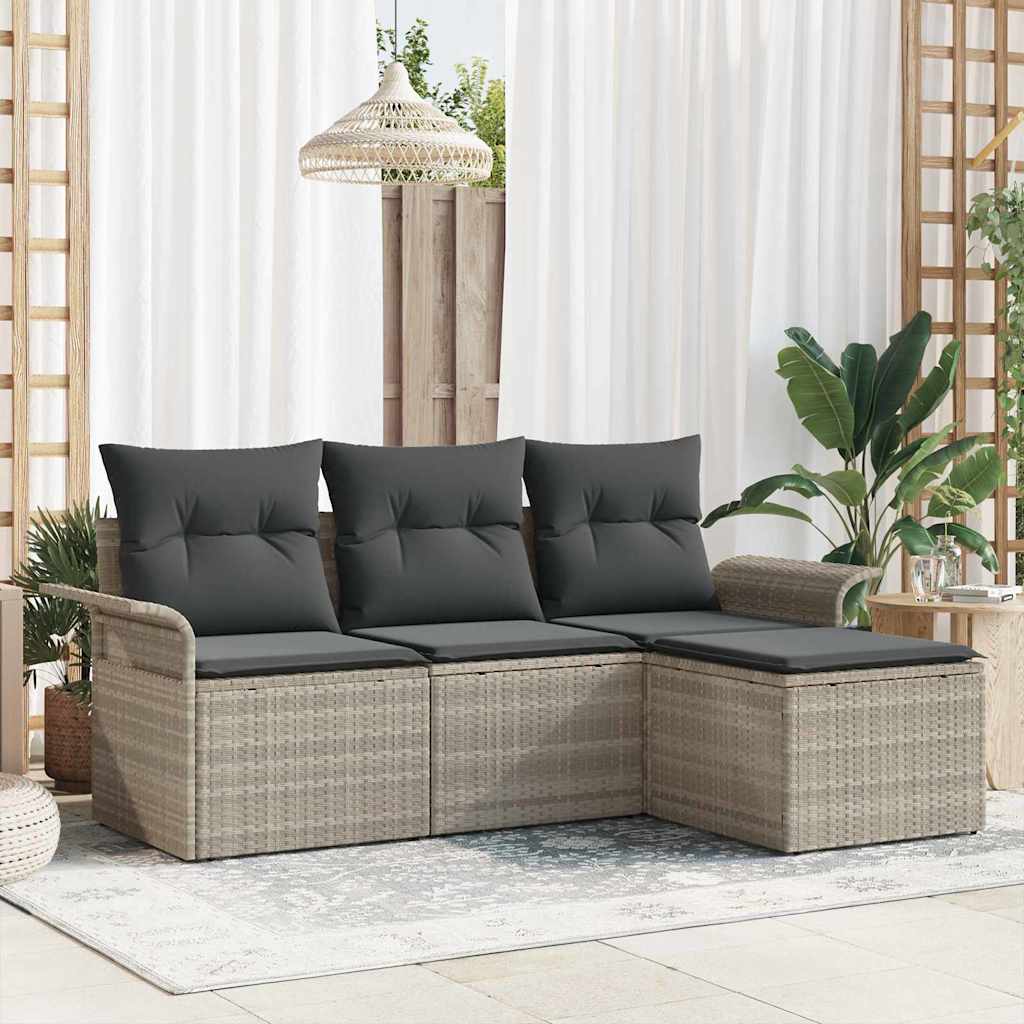 Havesofa Sæt med pude med opbevaring 4 pcs Lysegrå Poly rattan