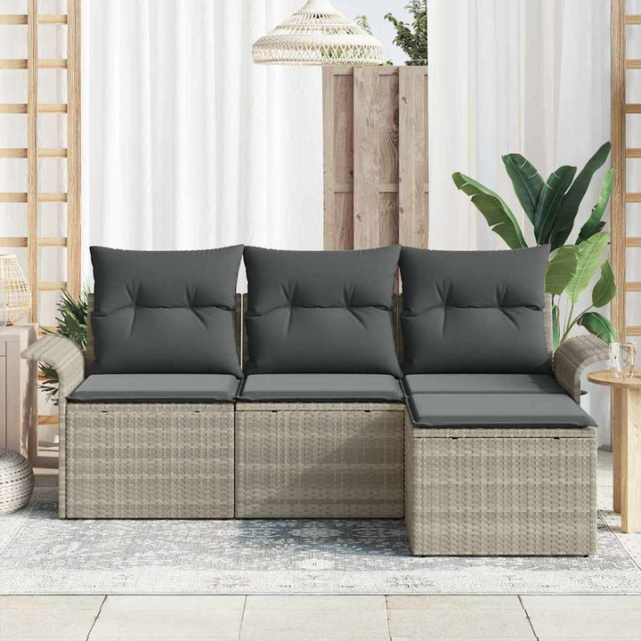 Havesofa Sæt med pude med opbevaring 4 pcs Lysegrå Poly rattan