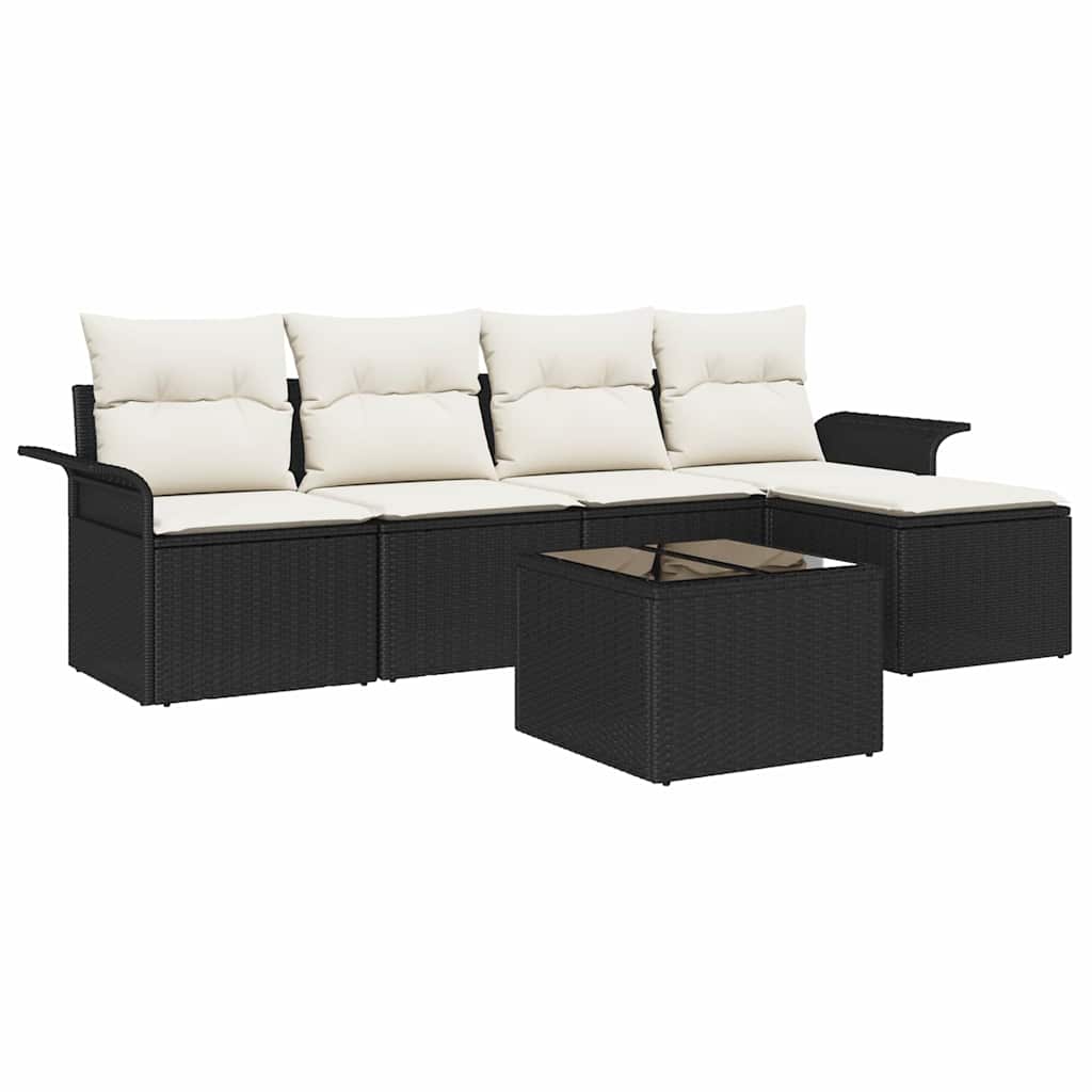 Havesofa Sæt med pude med opbevaring 6 pcs Sort polyrattan
