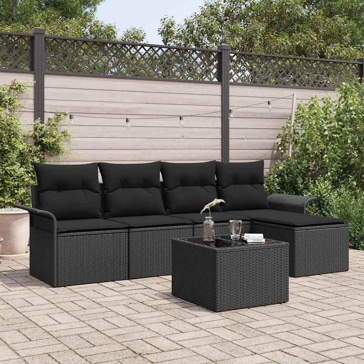 Havesofa Sæt med pude med opbevaring 6 pcs Sort polyrattan
