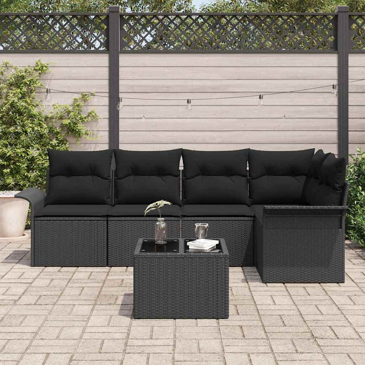 Havesofa Sæt med pude med opbevaring 6 pcs Sort Poly rattan