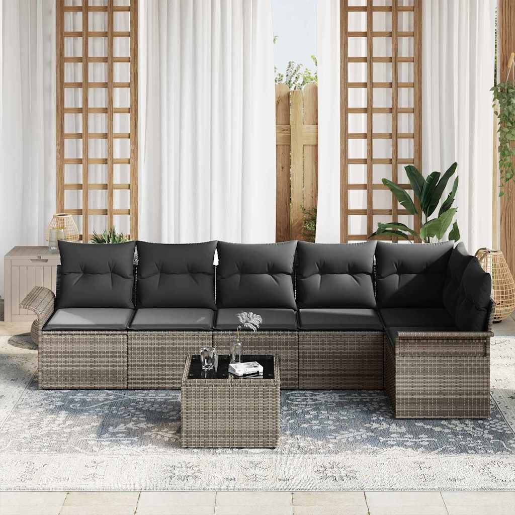 Havesofa Sæt med pude med opbevaring 7 pcs Grå Poly rattan