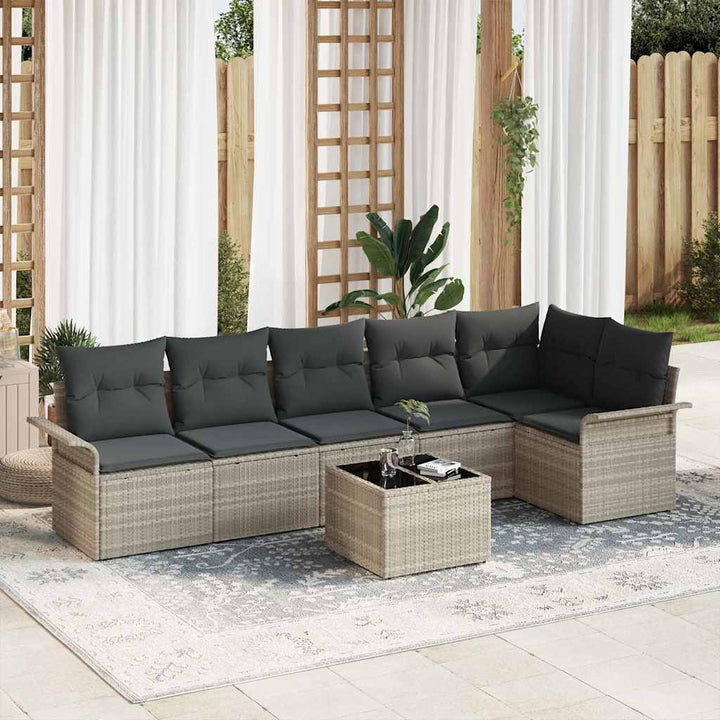 Havesofa Sæt med pude med opbevaring 7 pcs Lysegrå Poly rattan