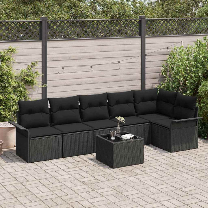Havesofa Sæt med pude med opbevaring 7 pcs Sort Poly rattan