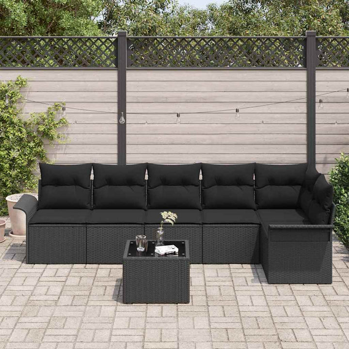 Havesofa Sæt med pude med opbevaring 7 pcs Sort Poly rattan