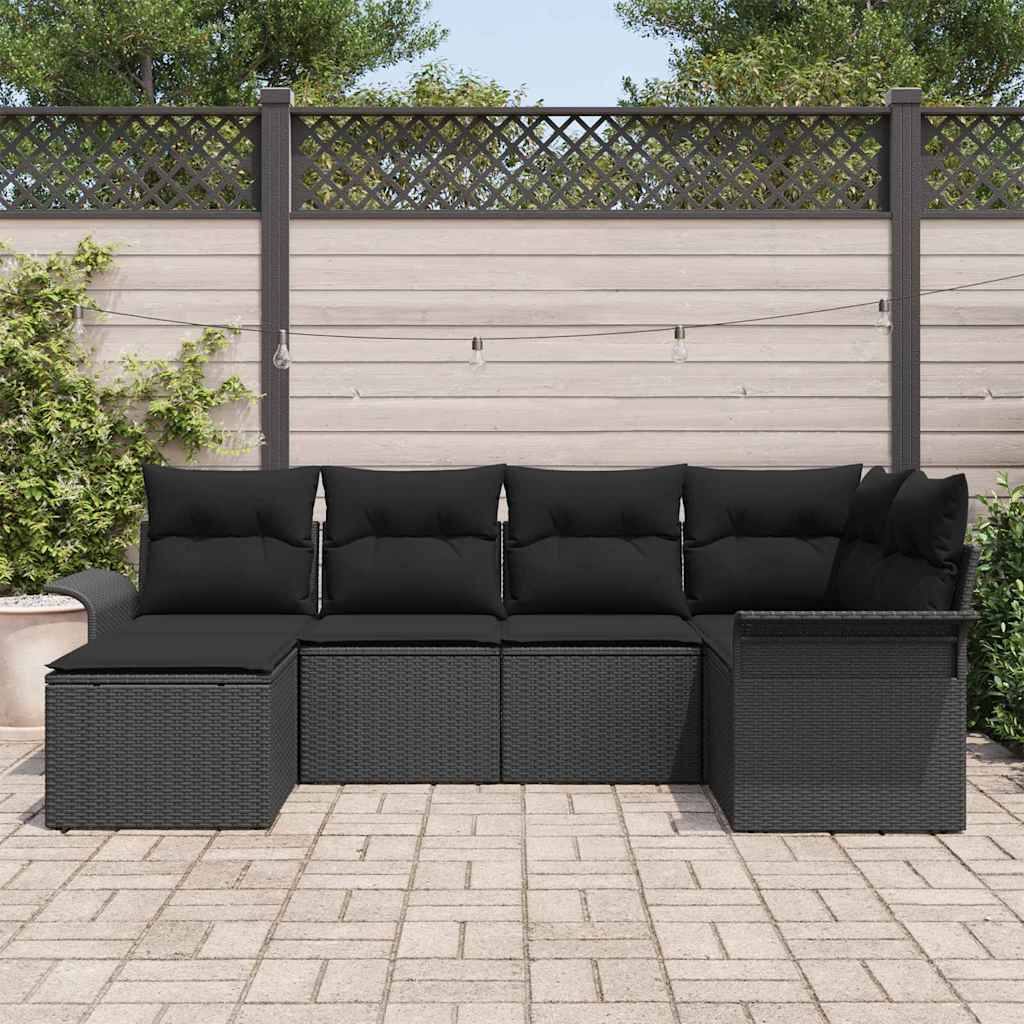 Havesofa Sæt med opbevaring 6 pcs Sort polyrattan