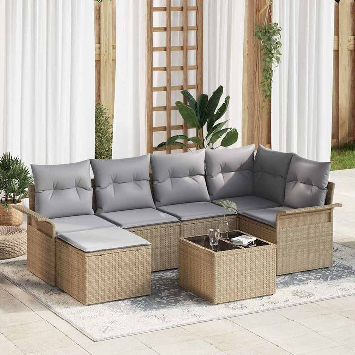 Havesofa Sæt med pude med opbevaring 7 pcs Beige Poly rattan