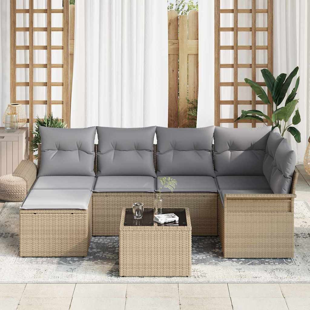 Havesofa Sæt med pude med opbevaring 7 pcs Beige Poly rattan
