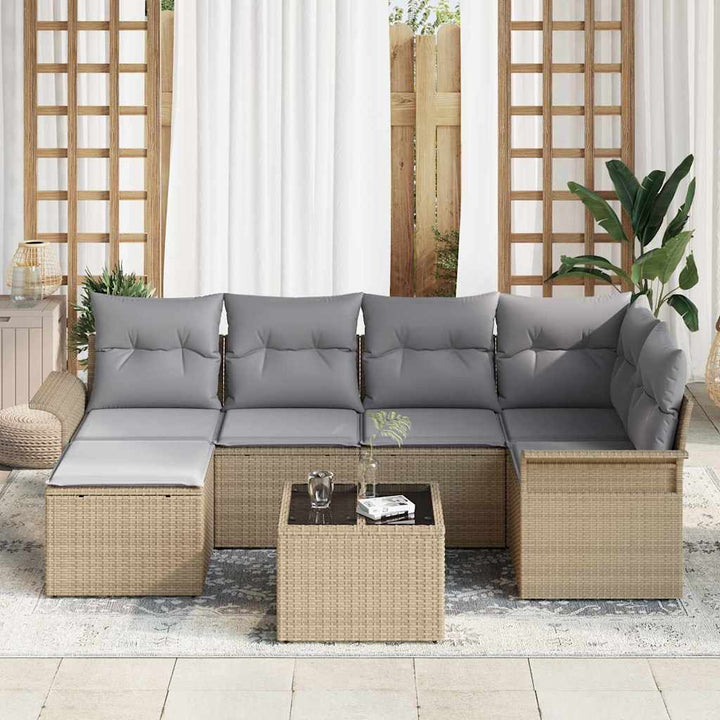 Havesofa Sæt med pude med opbevaring 7 pcs Beige Poly rattan