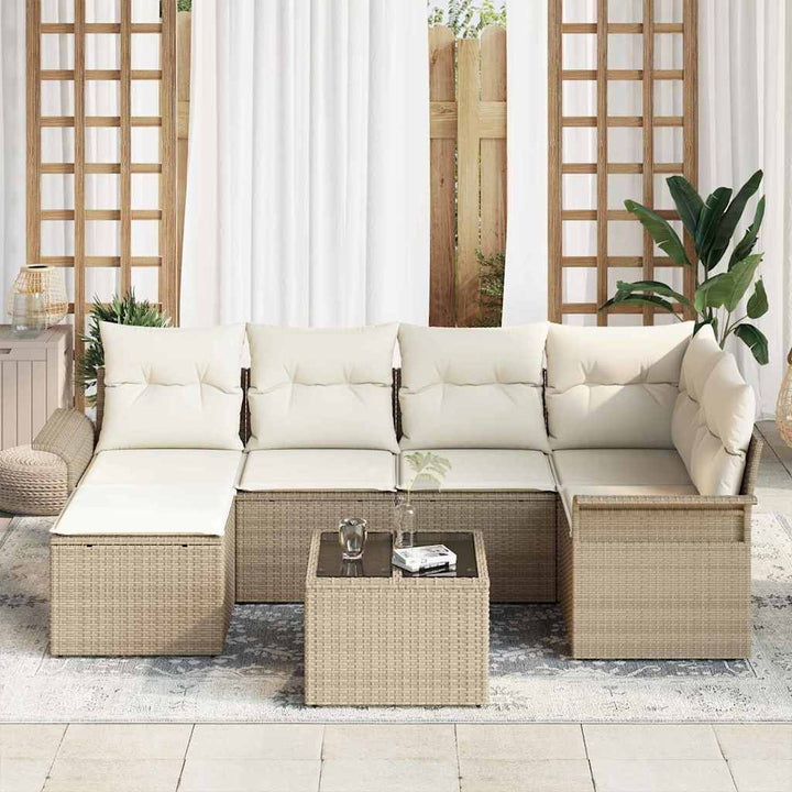 Havesofa Sæt med opbevaring 7 pcs Beige polyrattan