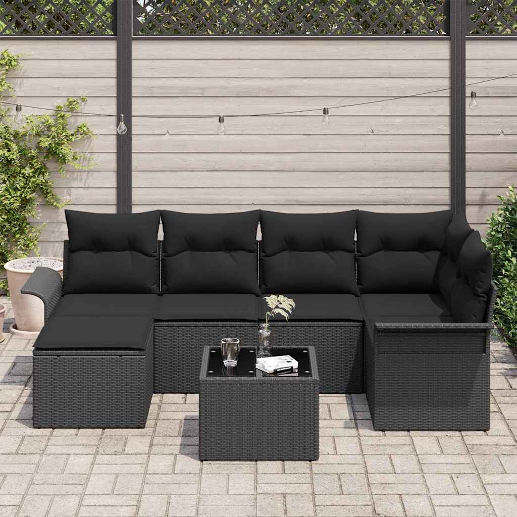 Havesofa Sæt med opbevaring 7 pcs Sort polyrattan